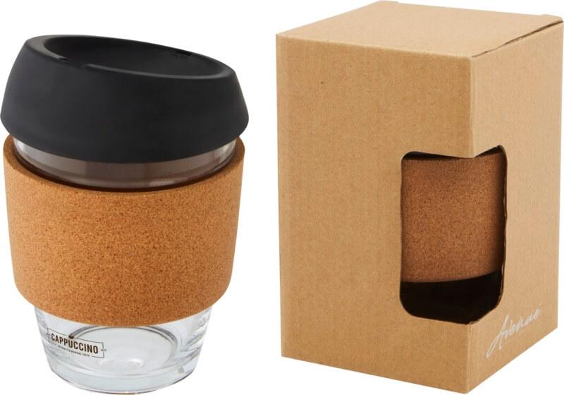 Copo térmico de vidro borossilicato de 360 ml com pega de cortiça e tampa de silicone "Lidan"