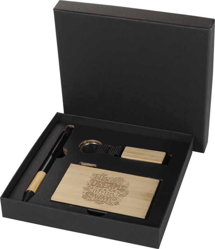 Conjunto de presente com esferográfica de alumínio reciclado RCS, porta-chaves e porta-cartões RFID "Minka"