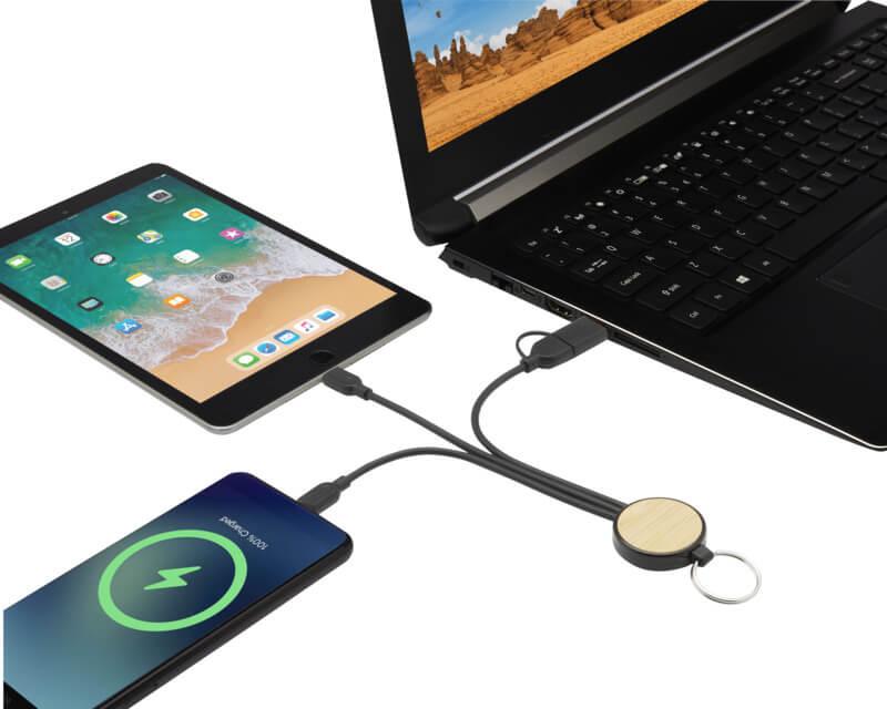 PF 124325 5 12432590 E2 Cabo de carregamento 6 em 1 de plástico reciclado/bambu com porta-chaves "Tecta" - Image 6