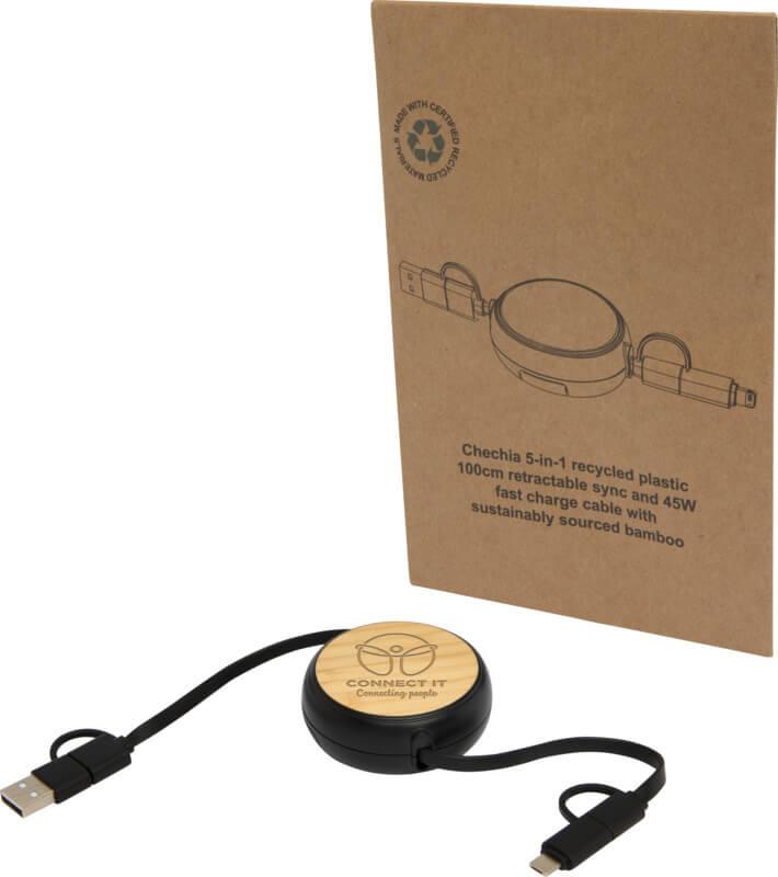 Cabo retrátil de sincronização de dados e de carregamento rápido de 45 W de 100 cm de plástico reciclado 5 em 1 com detalhes em bambu "Chechia"