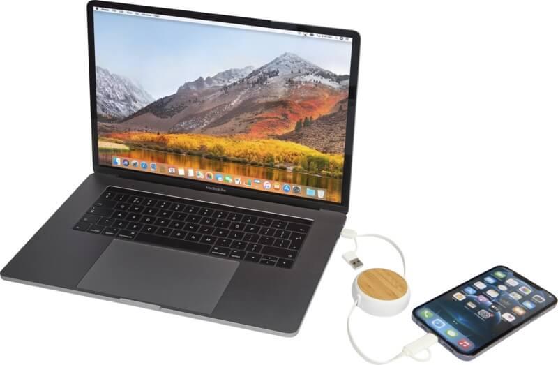 PF 124419 13 12441901 E3 Cabo retrátil de sincronização de dados e de carregamento rápido de 45 W de 100 cm de plástico reciclado 5 em 1 com detalhes em bambu "Chechia" - Image 14