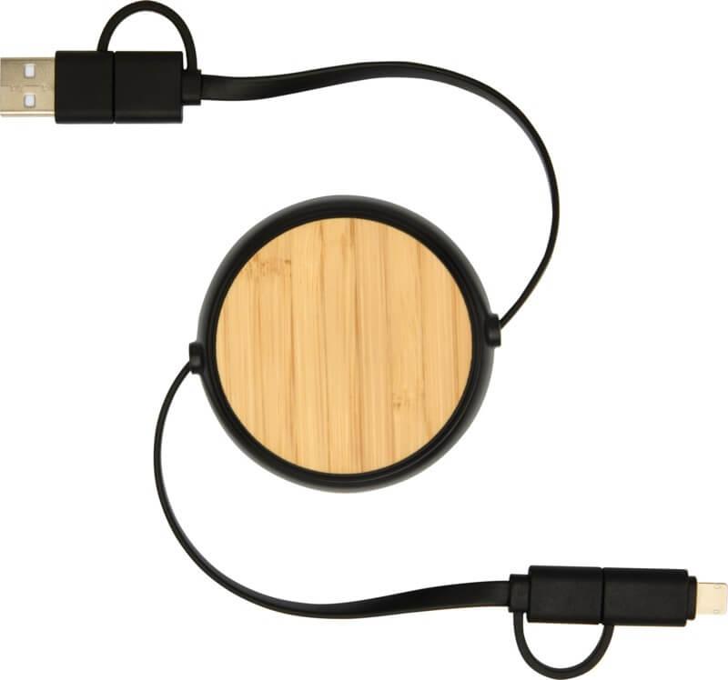 PF 124419 2 12441990 F1 Cabo retrátil de sincronização de dados e de carregamento rápido de 45 W de 100 cm de plástico reciclado 5 em 1 com detalhes em bambu "Chechia" - Image 3