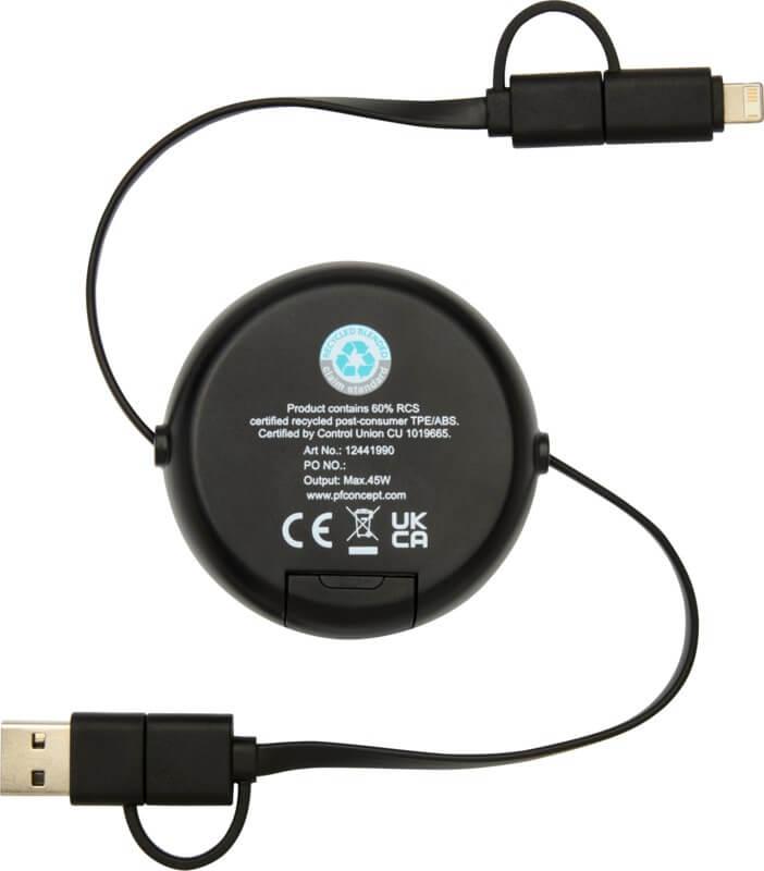PF 124419 3 12441990 B1 Cabo retrátil de sincronização de dados e de carregamento rápido de 45 W de 100 cm de plástico reciclado 5 em 1 com detalhes em bambu "Chechia" - Image 4