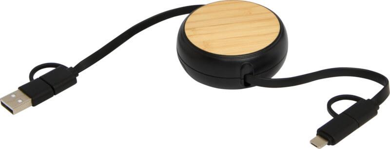 PF 124419 4 12441990 E1 Cabo retrátil de sincronização de dados e de carregamento rápido de 45 W de 100 cm de plástico reciclado 5 em 1 com detalhes em bambu "Chechia" - Image 5