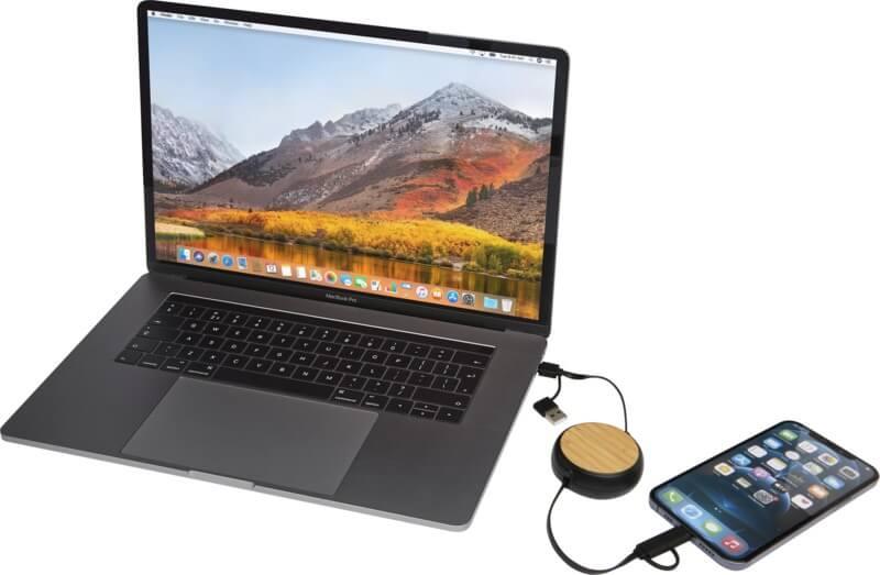 PF 124419 6 12441990 E3 Cabo retrátil de sincronização de dados e de carregamento rápido de 45 W de 100 cm de plástico reciclado 5 em 1 com detalhes em bambu "Chechia" - Image 7