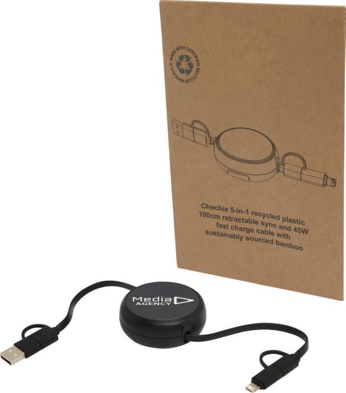 Cabo retrátil de sincronização de dados e de carregamento rápido de 45 W, de plástico reciclado e alumínio de 100 cm 5 em 1 "Alasia"