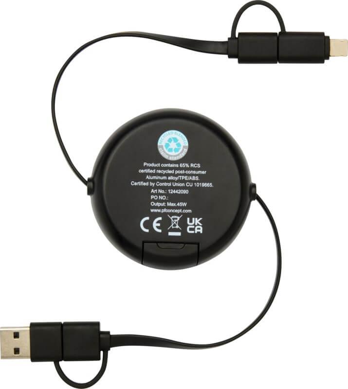 PF 124420 3 12442090 B1 Cabo retrátil de sincronização de dados e de carregamento rápido de 45 W, de plástico reciclado e alumínio de 100 cm 5 em 1 "Alasia" - Image 4