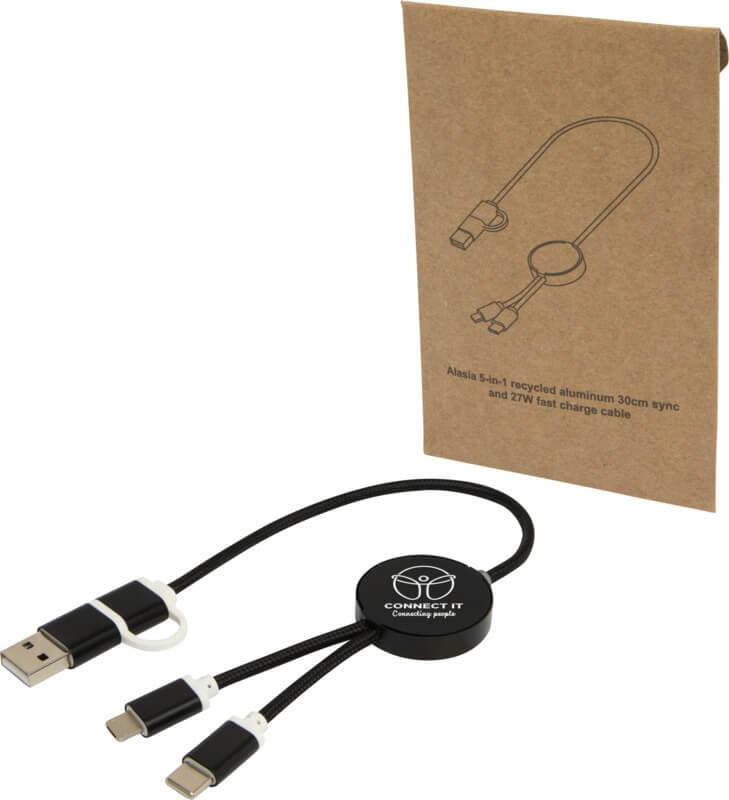 Cabo de sincronização de dados e de carregamento rápido de 27 W de 30 cm de alumínio e plástico reciclados 5 em 1 "Alasia"