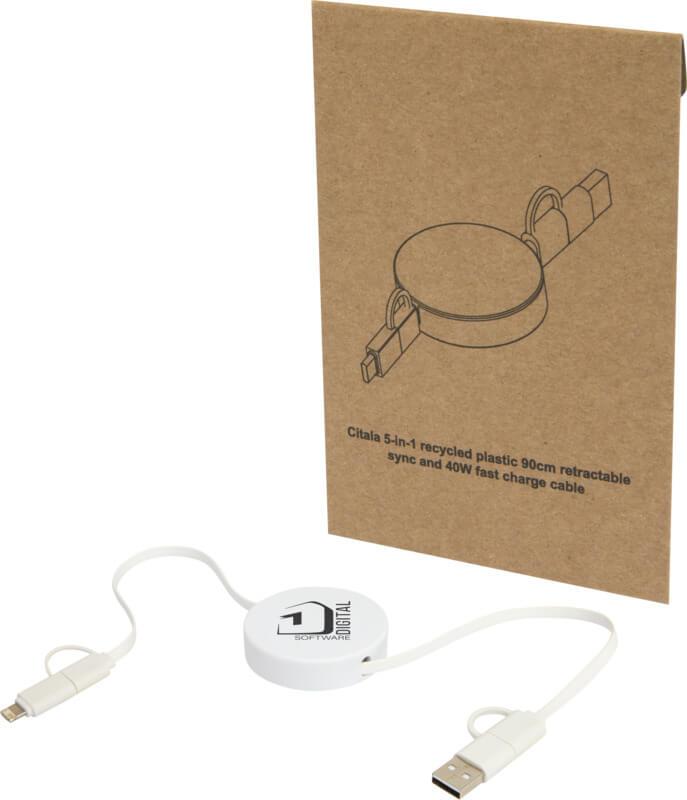 Cabo retrátil de sincronização de dados e de carregamento rápido de 40 W de 90 cm de plástico reciclado 5 em 1 "Citala"