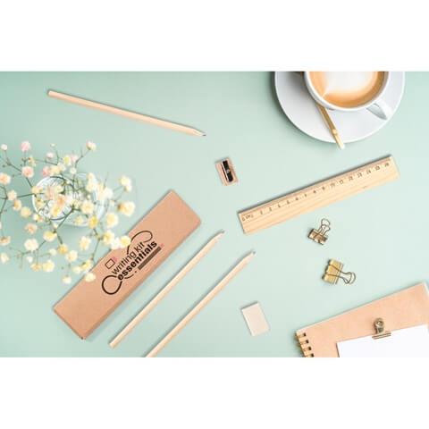 GEOFFREY. Conjunto de escrita versátil composto por lápis, afia-lápis, borracha e régua