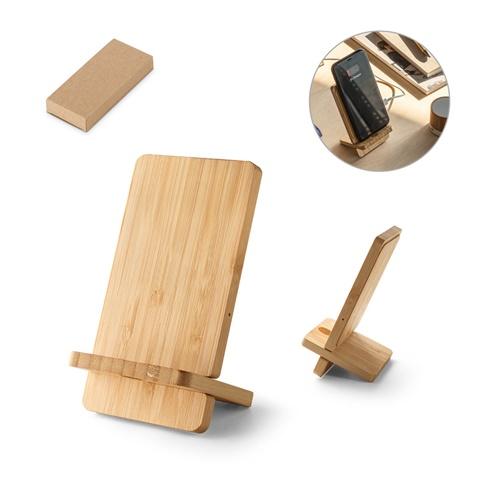 LANGE. Suporte para smartphone com carregador rápido wireless 15W em bambu