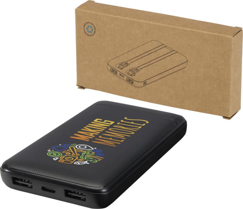 Powerbank de plástico reciclado de 10.000 mAh e 10 W com 2 cabos integrados "Adhil"