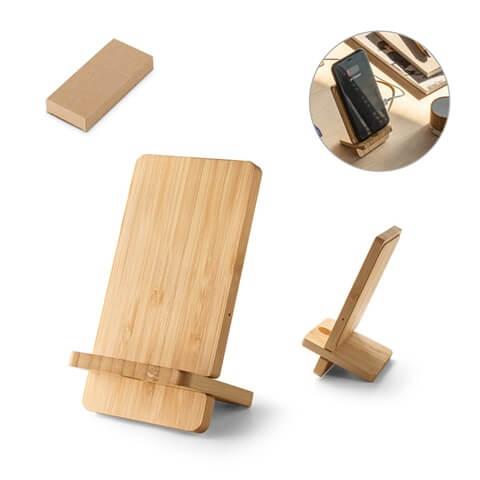 LANGE. Suporte para smartphone com carregador rápido wireless 15W em bambu