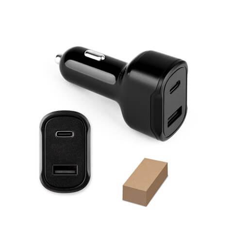 DIRAC. Adaptador de isqueiro com porta USB-A 18W e USB-C 20W em ABS reciclado (100% rABS)