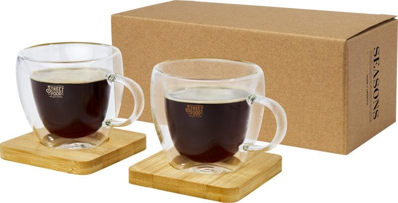 Copo de vidro de parede dupla de 2 peças de 100 ml com base para copos de bambu "Manti"