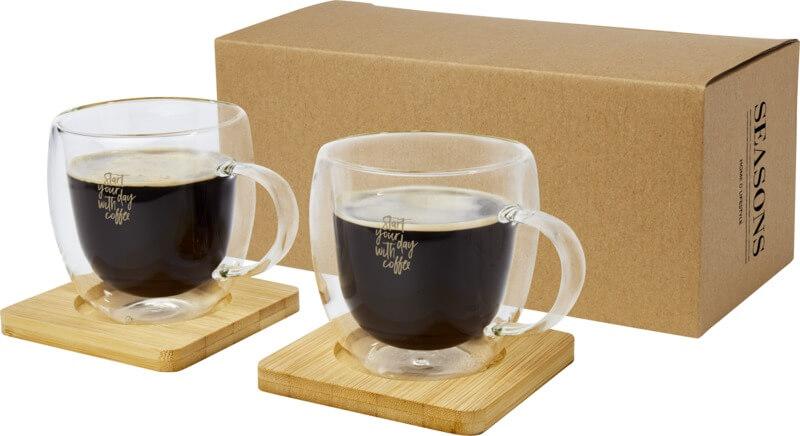 Copo de vidro de parede dupla de 250 ml com base de cupos de bambu de 2 peças "Manti"