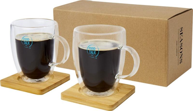 Copo de vidro de parede dupla de 350 ml de 2 peças com base de copos de bambu "Manti"