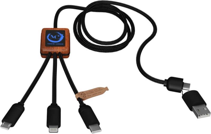 Cabo de carregamento de 40 W de logótipo luminoso RPET 5 em 1 com caixa quadrada de madeira "SCX.design C38"